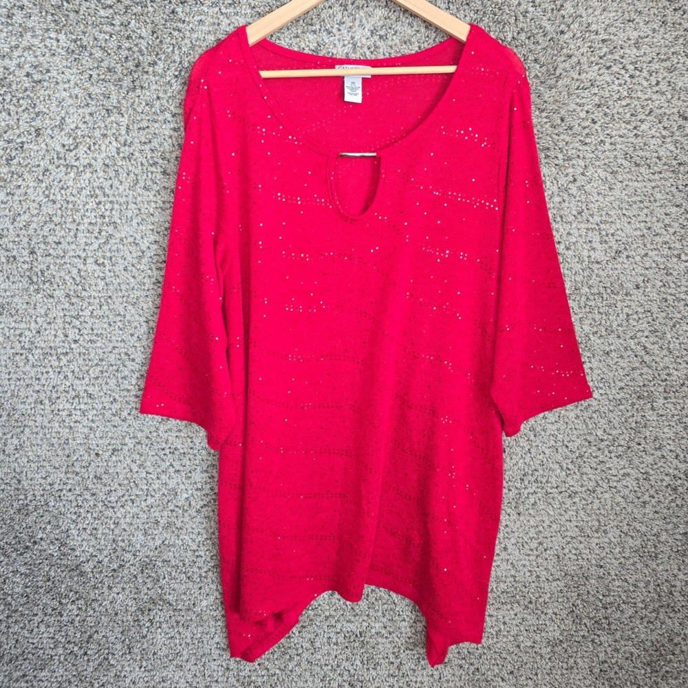 Catherines Top Womens Plus 2X 22/24 Red Keyhole Neck Knit Blouse Casual‎ Ladies